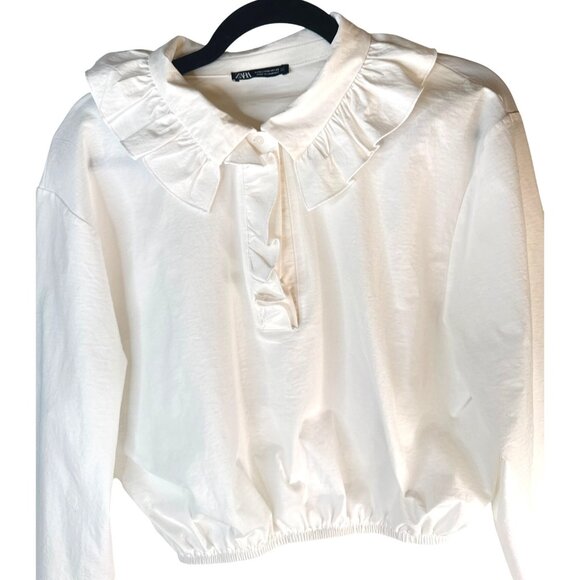 2/$30 ZARA Medium Ruffle Collar Long Sleeve Blouse White - Picture 6 of 15